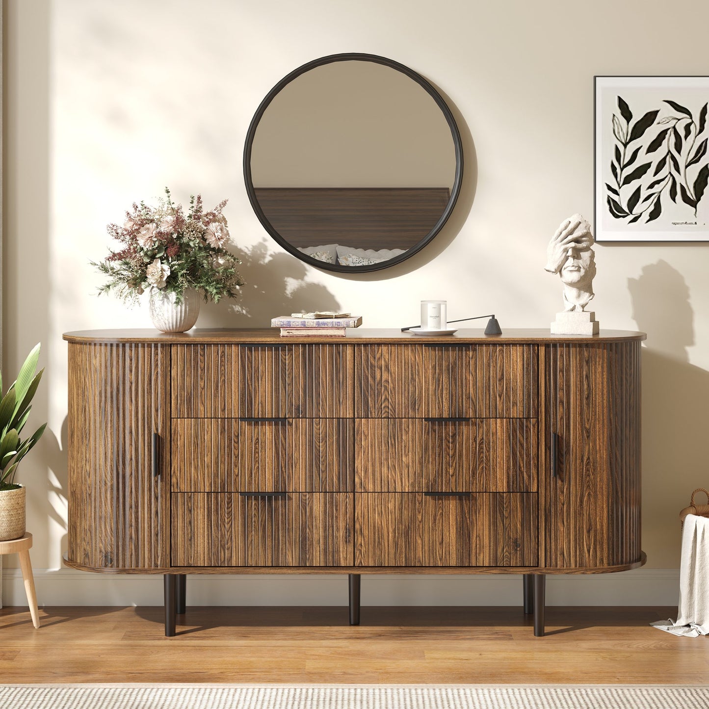 ASTUVIA Fluted 6 Drawers Dresser, 63'' Wide Modern Chest of Drawers with Sideboard,Curved Profile & Sturdy Legs, Dresser TV Stand for Bedroom, Living Room