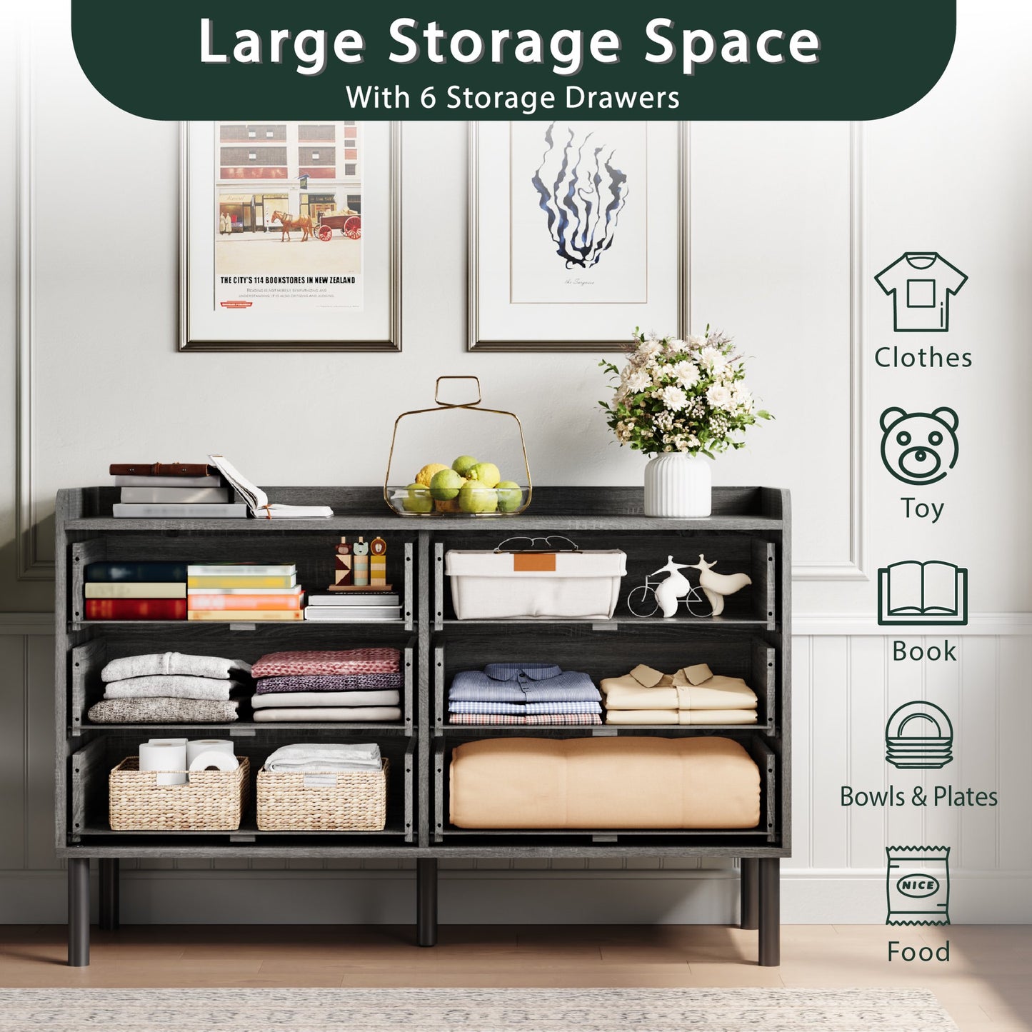 YouTrend 6 Drawer Wood Dresser Modern Storage Cabinet Sideboard Adult for Bedroom Living Room Hallway Home,White