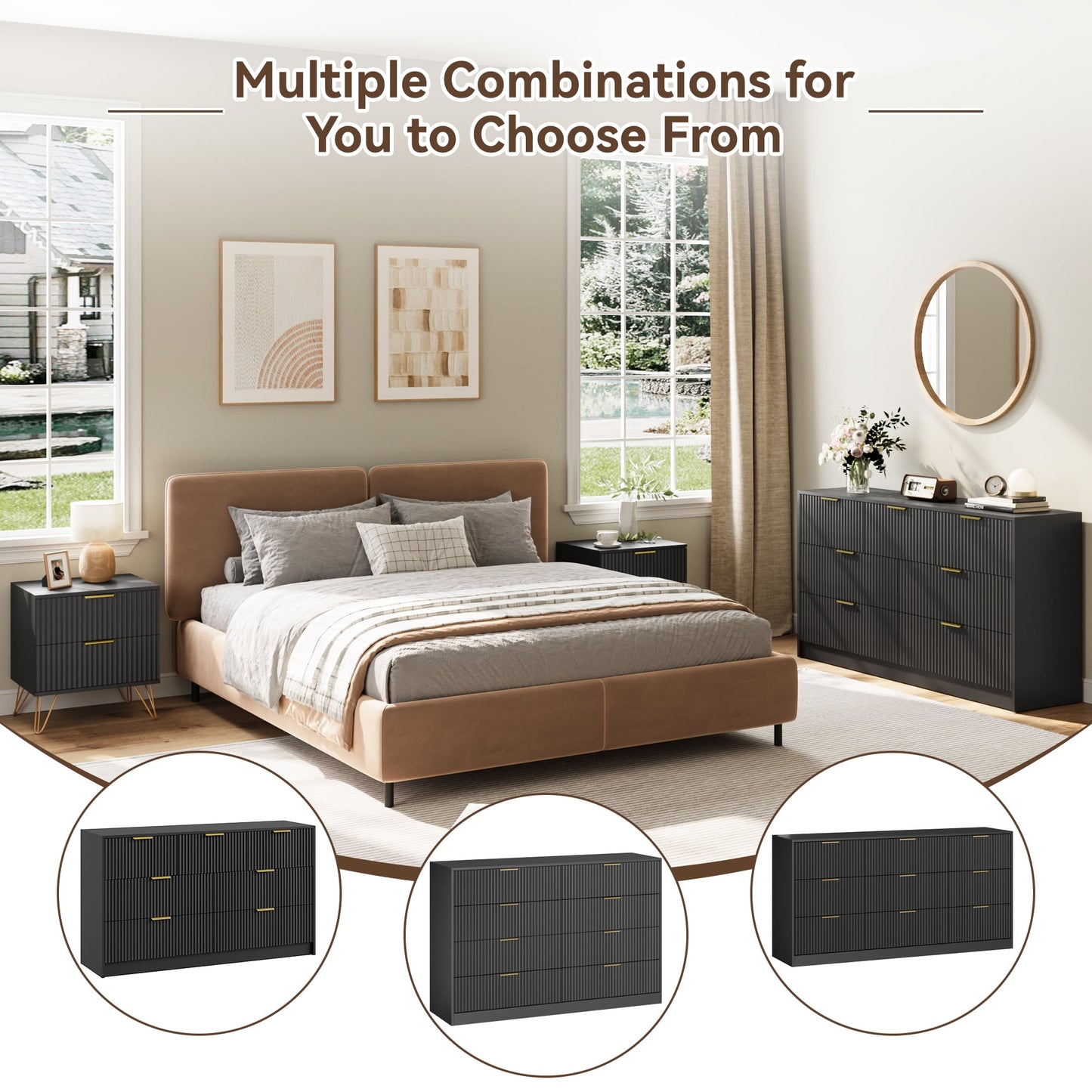 YouTrend 7 Drawer Dresser and Nightstand Sets for Bedroom,3 Piece Bedroom Dresser Set,Fluted Dressers and Nightstands, Modern Bedroom Set