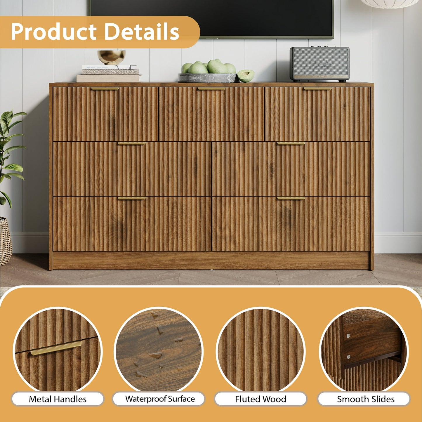 YouTrend Dresser for Bedroom with 7 Drawers,Fluted Dresser with Metal Handle,Modern Chest of Drawer TV Stand,Wood Closet Clothes Storage Organizer for Living Room,Hallway