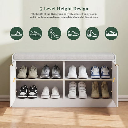 ASTUVIA Fluted Shoe Bench with Cushion, 2-Tier Shoe Storage Bench with Adjustable Shelves, Shoe Cabinet with Bench for Hallway