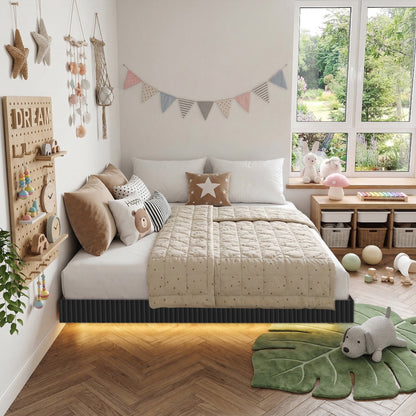 YouTrend King Bed Frame with RGB LED Lights,Floating Bed with Fluted Design;Heavy Duty Steel, Modern Metal Bed Frame,Walnut