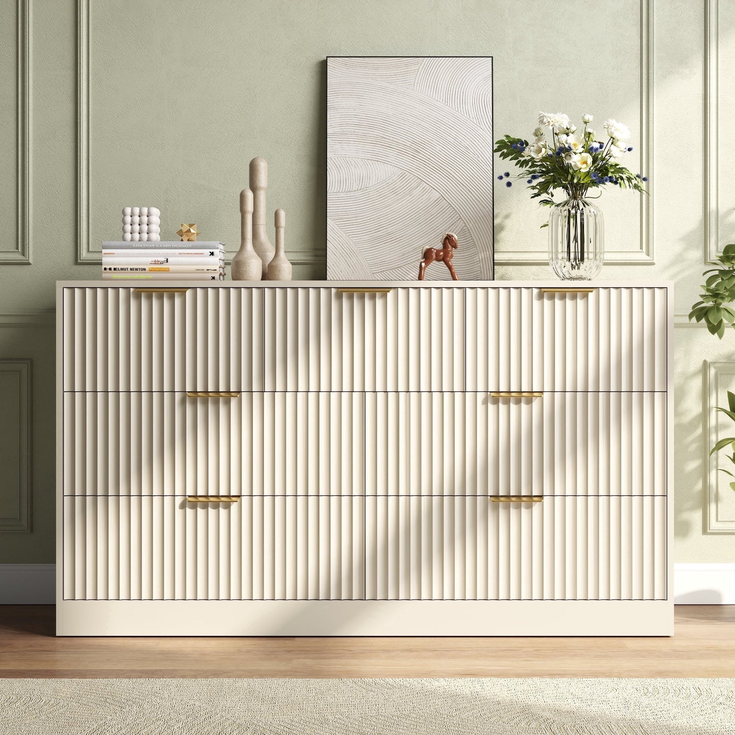 ASTUVIA 55.1" W Fluted 6 Drawer Dresser for Adult,Wooden Bedroom Dresser,Dresser TV Stand up to 65" for Living Room,Brown