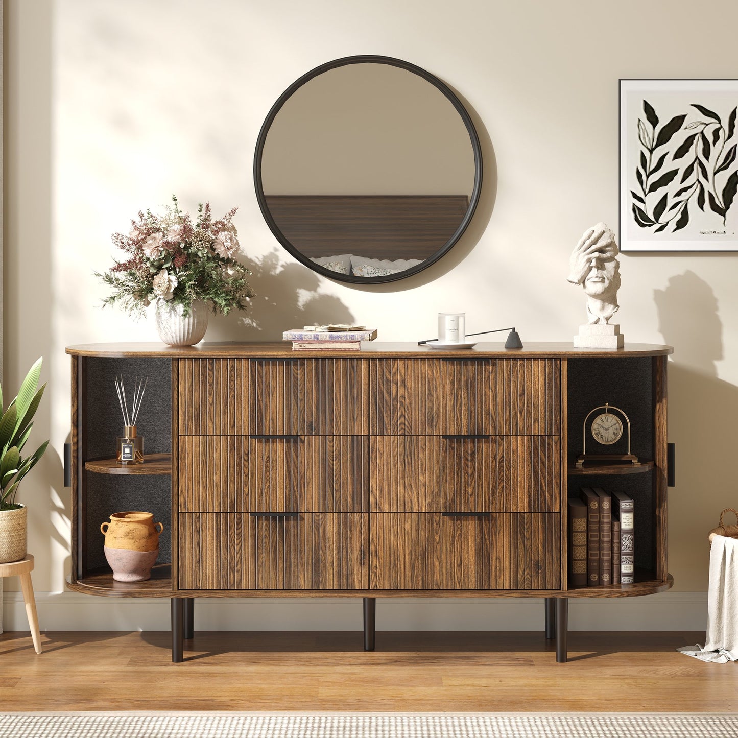 ASTUVIA Fluted 6 Drawers Dresser, 63'' Wide Modern Chest of Drawers with Sideboard,Curved Profile & Sturdy Legs, Dresser TV Stand for Bedroom, Living Room