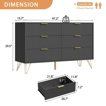 YouTrend White 6 Drawer Dresser with Fluted Wood and Metal Handles Legs for Bedroom Living Room Hallway