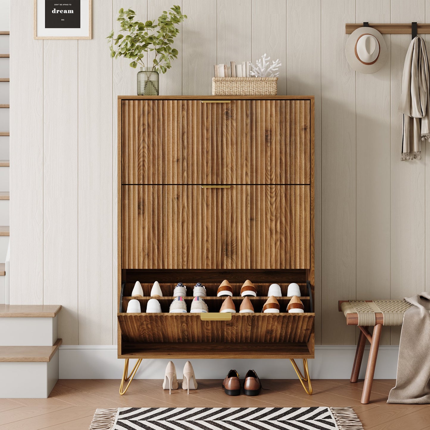 YouTrend Shoe Cabinet with 3 Flip Drawer,Fluted Wood Shoe Rack Storage Cabinet for Entryway