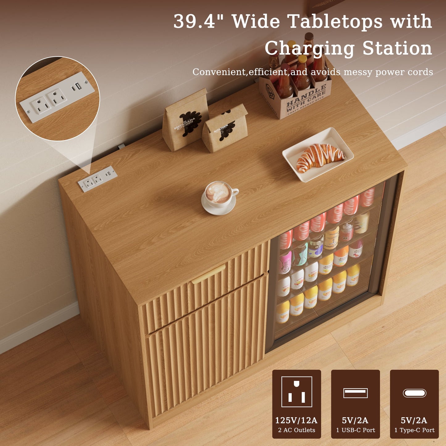 ASTUVIA Mini Fridge Cabinet with Power Outlet,Fluted Coffee Bar Cabinet with Mini Fridge Space,Buffet Sideboard with Drawers,Natural