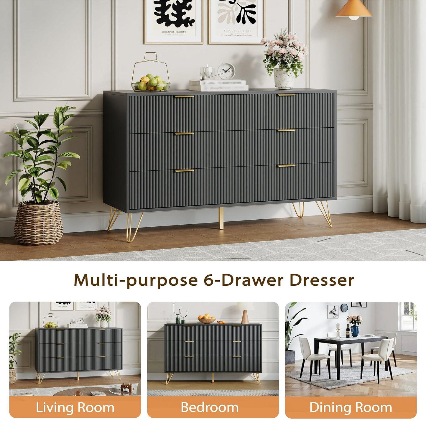YouTrend White 6 Drawer Dresser with Fluted Wood and Metal Handles Legs for Bedroom Living Room Hallway