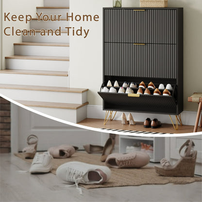 YouTrend Shoe Cabinet with 3 Flip Drawer,Fluted Wood Shoe Rack Storage Cabinet for Entryway