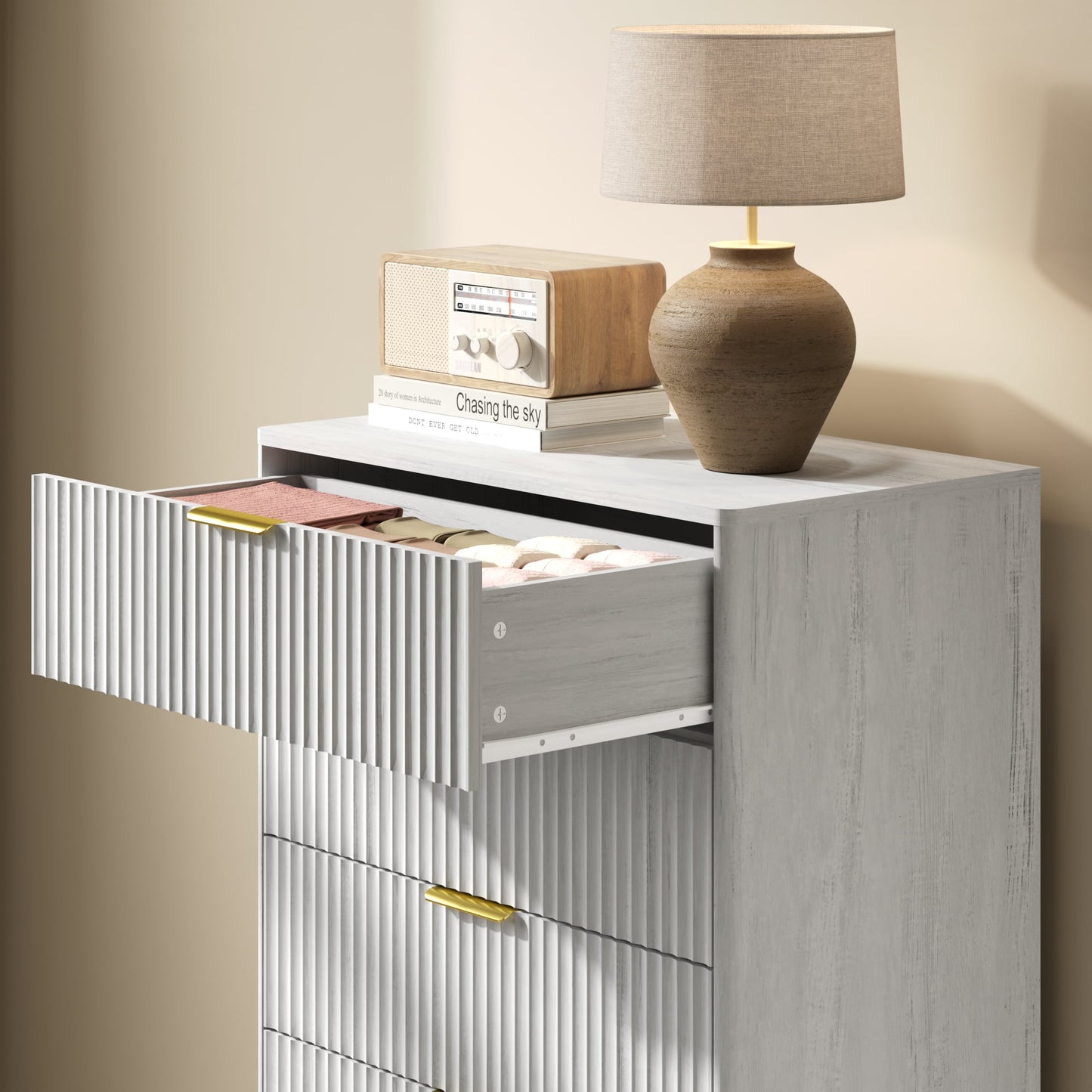 YouTrend 5 Drawer Dresser for Bedroom,Tall Dresser with Metal Handle,Fluted Dresser Modern Storage Cabinet for Home Office Living Room,White