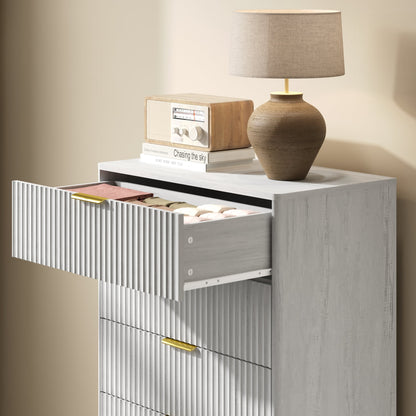 YouTrend 5 Drawer Dresser for Bedroom,Tall Dresser with Metal Handle,Fluted Dresser Modern Storage Cabinet for Home Office Living Room,White