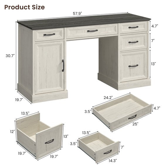 ASTUVIA Farmhouse 58" Computer Desk with Drawers,Wood Home Office Desk with Storage,Gaming Desk with Storage Shelves
