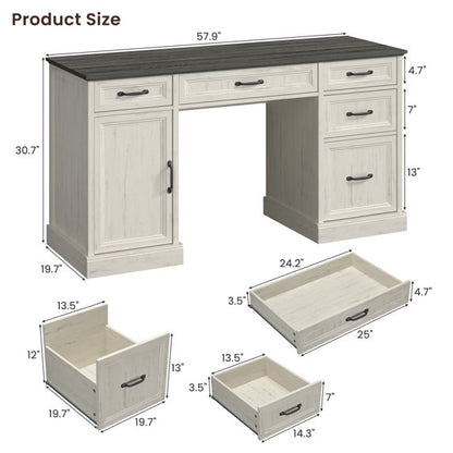 ASTUVIA Farmhouse 58" Computer Desk with Drawers,Wood Home Office Desk with Storage,Gaming Desk with Storage Shelves