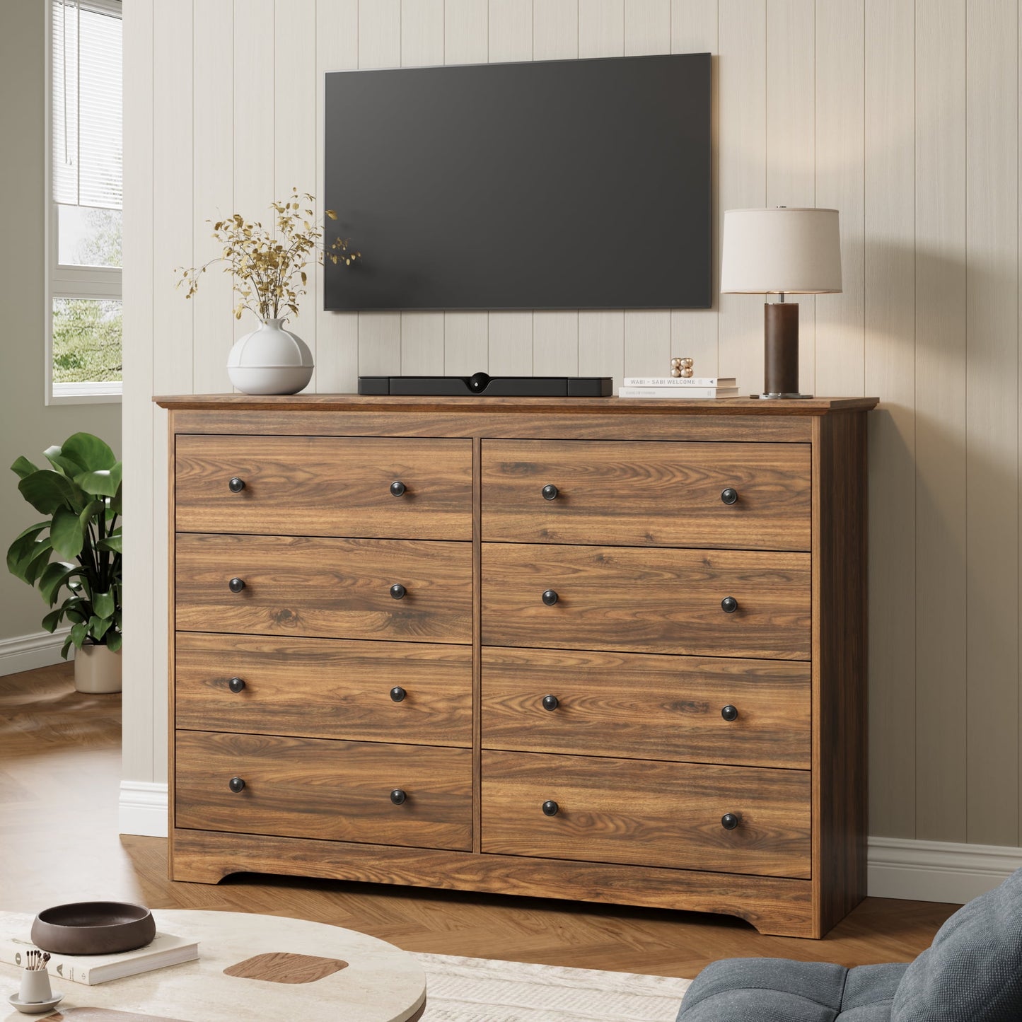 YouTrend 55.1" Wide Dresser for Bedroom, 10 Drawer Dresser with Large Drawers, Dresser for TVs Up to 65",Brown