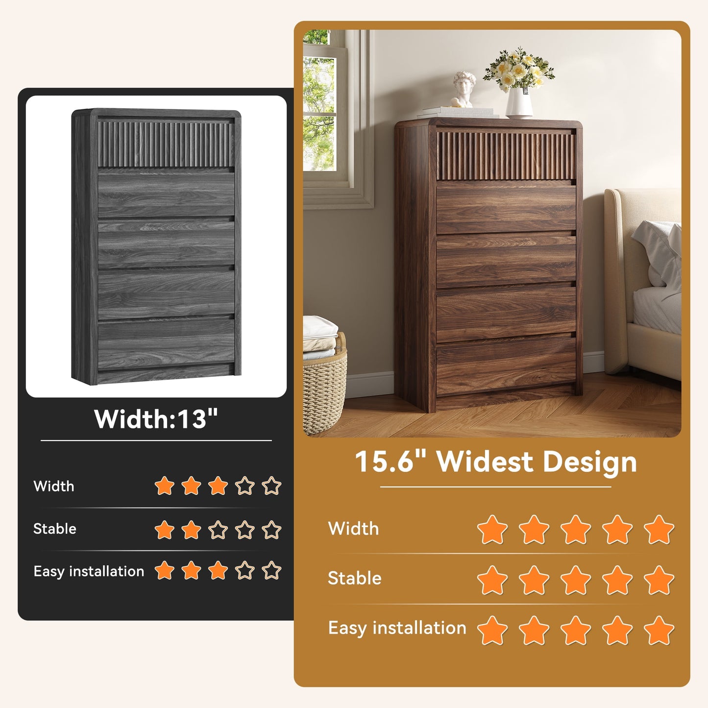 ASTUVIA 9 Fluted Drawers Dresser for Bedroom, 49.2" W Modern Chest of Drawers with Curved Profile Design, Mid Century Storage Dressers Organizer,Brown