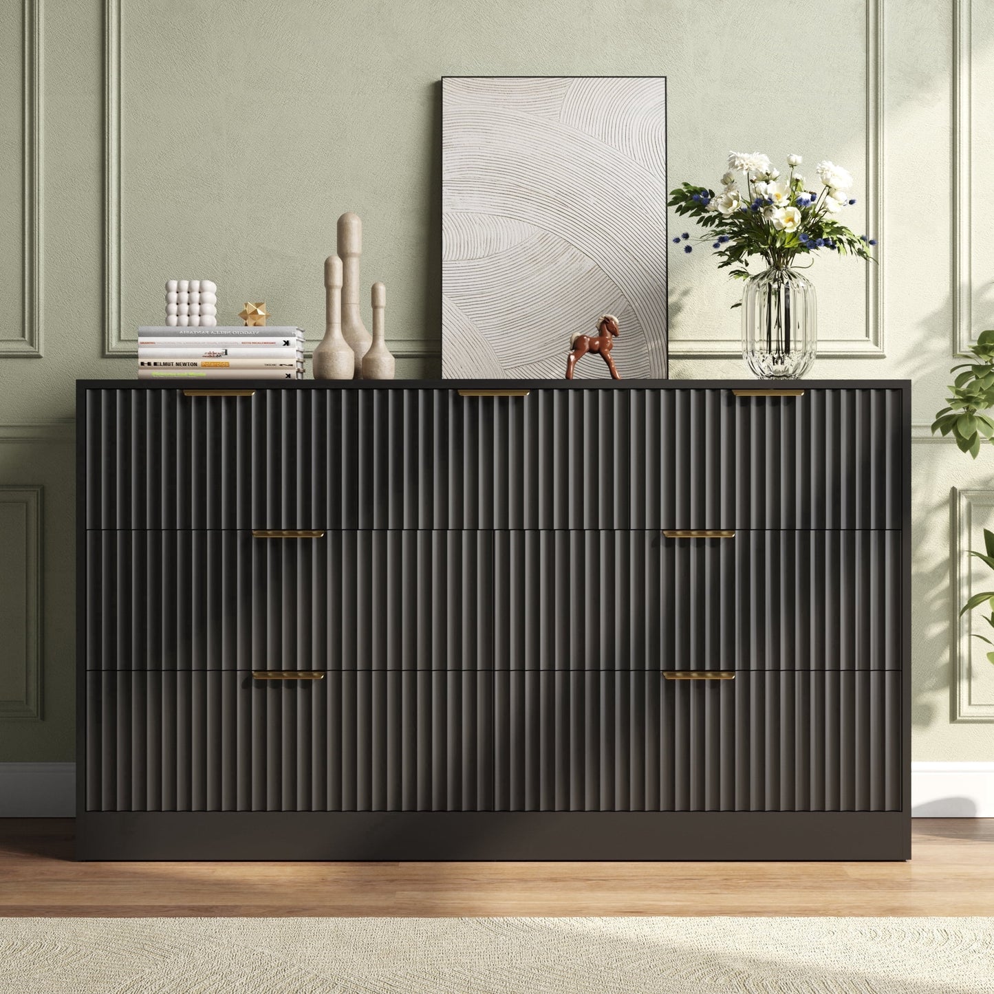 ASTUVIA 55.1" W Fluted 6 Drawer Dresser for Adult,Wooden Bedroom Dresser,Dresser TV Stand up to 65" for Living Room,Brown