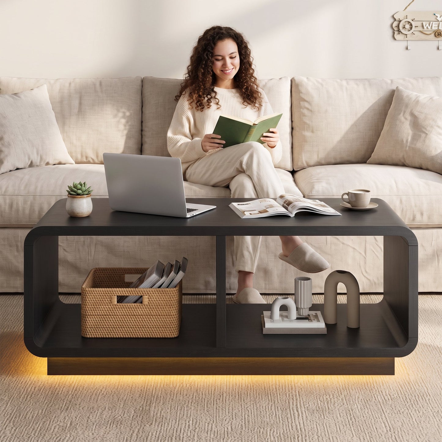 ASTUVIA Coffee Table with LED Lights, 47.2" W TV Stand Center Table with 2-Tiers for Living Room