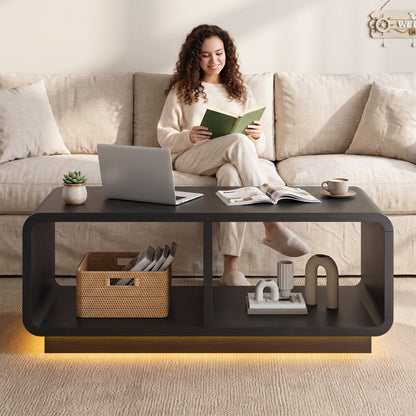 ASTUVIA Coffee Table with LED Lights, 47.2" W TV Stand Center Table with 2-Tiers for Living Room