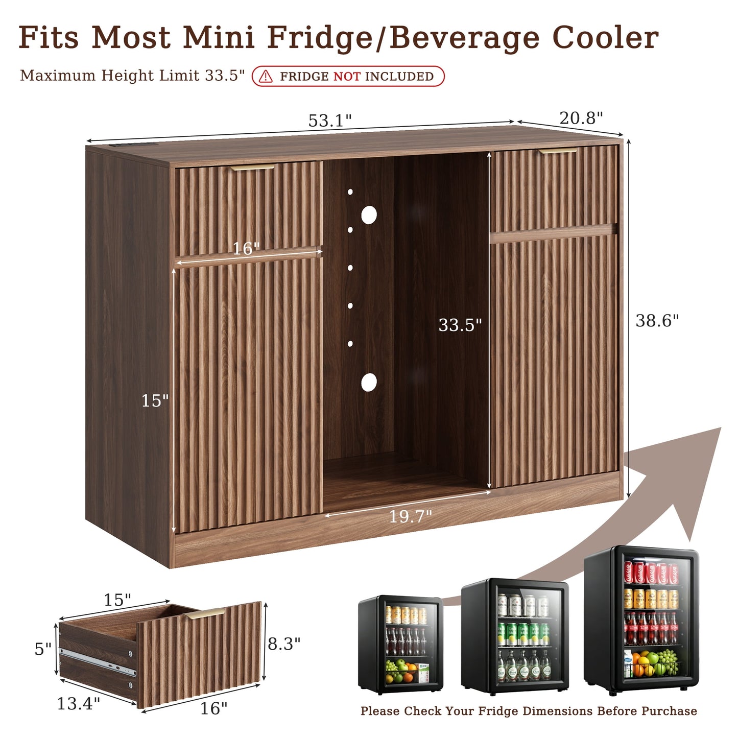 ASTUVIA Mini Fridge Cabinet with Power Outlet,Fluted Coffee Bar Cabinet with Mini Fridge Space,Buffet Sideboard with Drawers,Natural