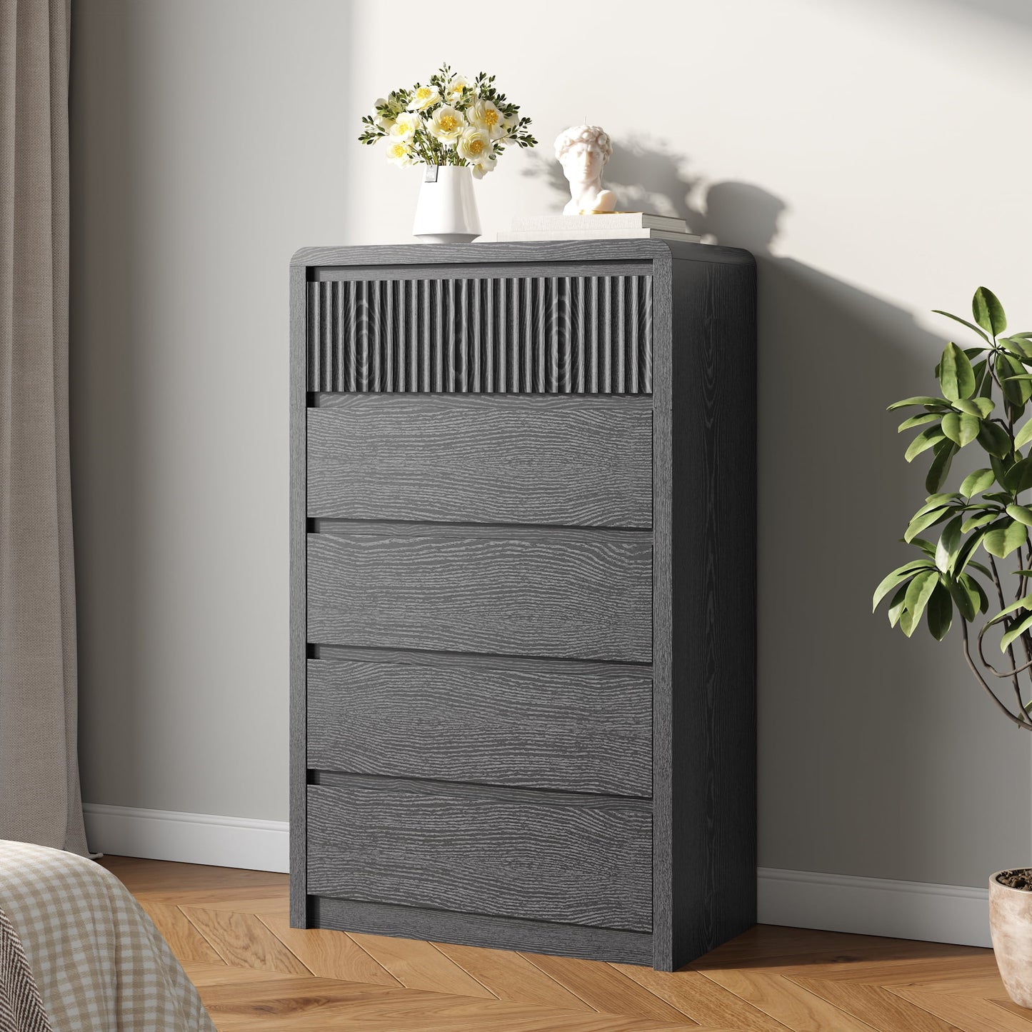 ASTUVIA 9 Fluted Drawers Dresser for Bedroom, 49.2" W Modern Chest of Drawers with Curved Profile Design, Mid Century Storage Dressers Organizer,Brown
