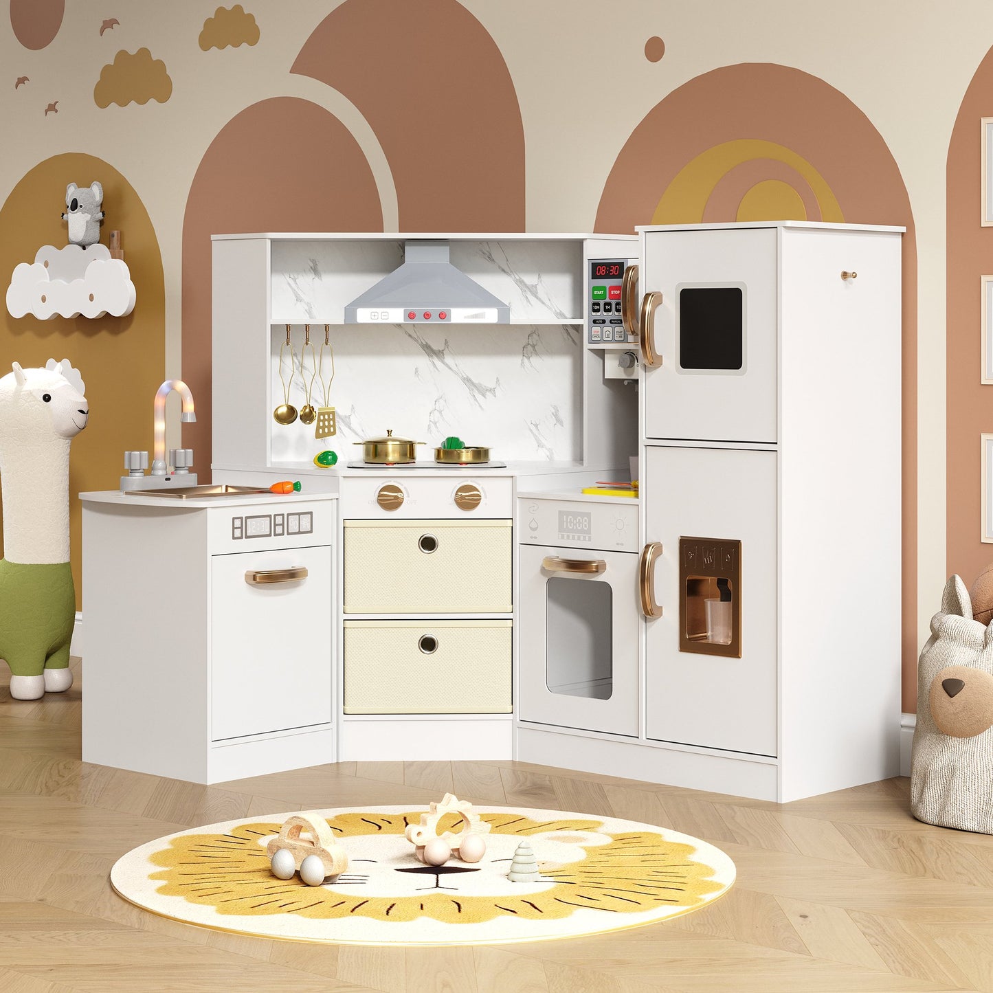 ASTUVIA Wooden Play Kitchen For Kids With Realistic Lights & Sounds, Smart Storage, Pretend Ice Maker, Sink, Stove, Inspiring Creative Role Play Toy