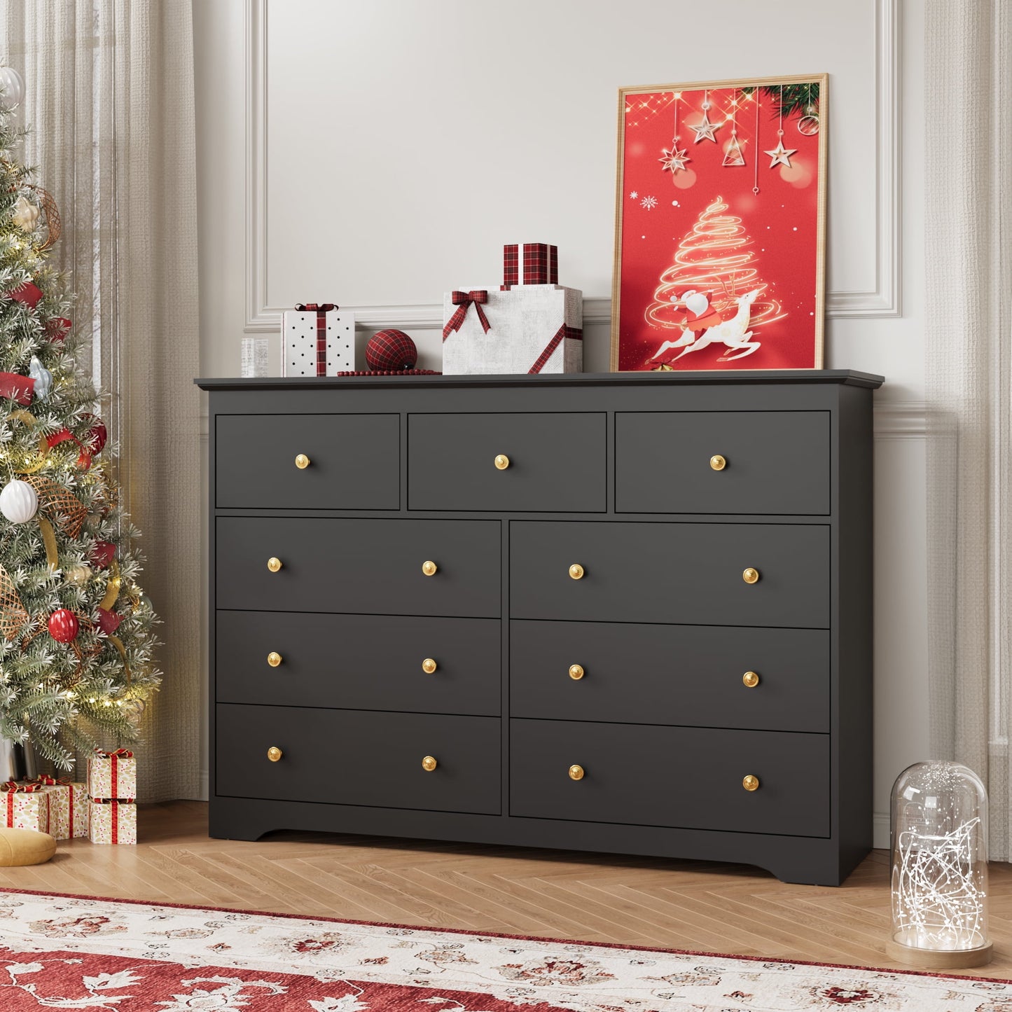 YouTrend 55.1" Wide Dresser for Bedroom, 10 Drawer Dresser with Large Drawers, Dresser for TVs Up to 65",Brown