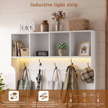 ASTUVIA 70.9"H LED Hall Tree with Bench & Shoe Storage, 47.2"W Entryway Coat Rack with 5 Hooks & 2 Fluted Doors,5 in 1 Coat Hanger for Hallway, Living Room