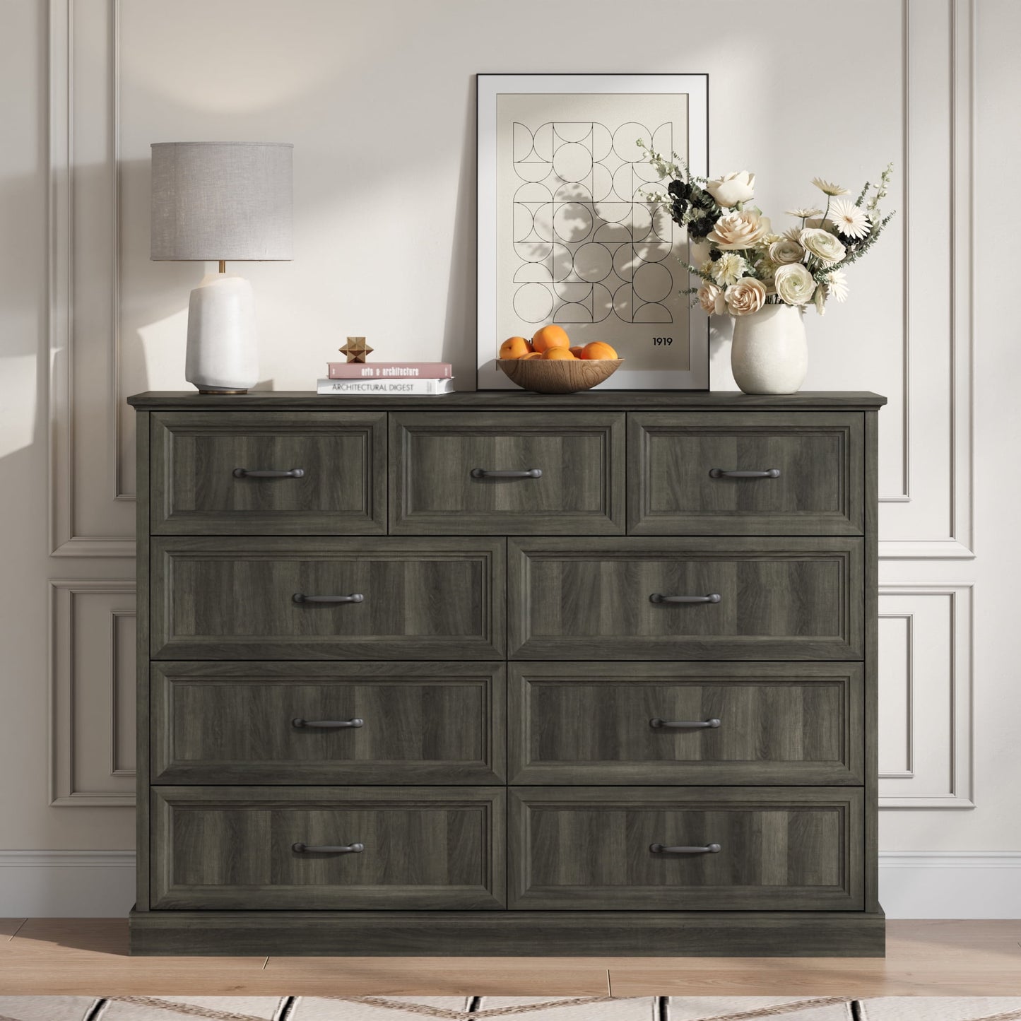 YouTrend Rustic 9-Drawer Wood Dresser, Large Storage Chest Organizer with Metal Handles for Bedroom, Living Room, Farmhouse Style Furniture,Gray