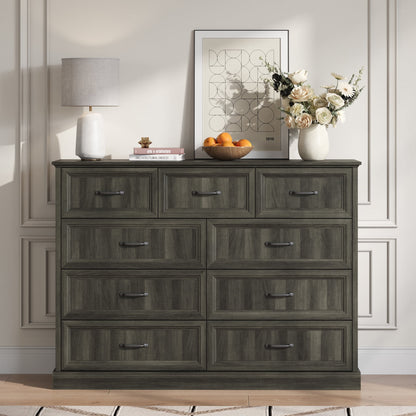 YouTrend Rustic 9-Drawer Wood Dresser, Large Storage Chest Organizer with Metal Handles for Bedroom, Living Room, Farmhouse Style Furniture,Gray
