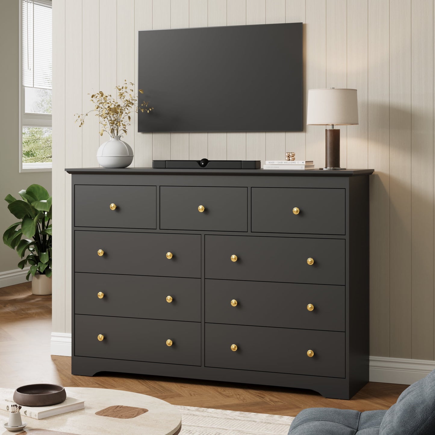 YouTrend 55.1" Wide Dresser for Bedroom, 10 Drawer Dresser with Large Drawers, Dresser for TVs Up to 65",Brown