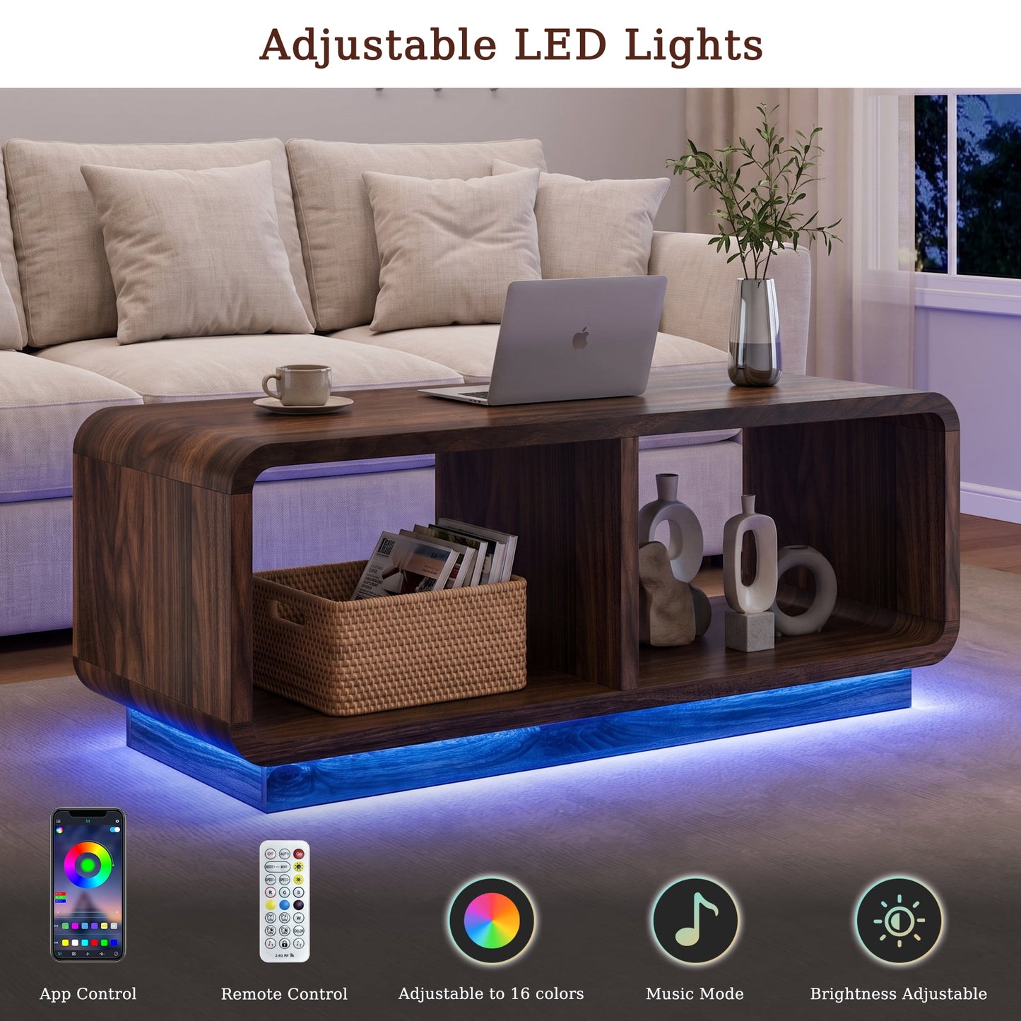 ASTUVIA Coffee Table with LED Lights, 47.2" W TV Stand Center Table with 2-Tiers for Living Room