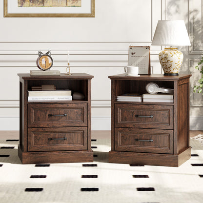 YouTrend Farmhouse Nightstand with 2 Drawers & Open Shelf End Table Bedside Tables for Bedroom Living Room,White
