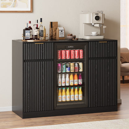 ASTUVIA Mini Fridge Cabinet with Power Outlet,Fluted Coffee Bar Cabinet with Mini Fridge Space,Buffet Sideboard with Drawers,Natural