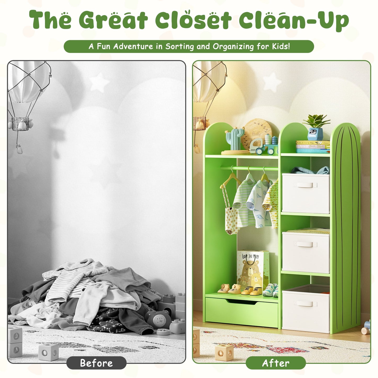 ASTUVIA Kids Clothing Rack with Drawers, Kids Dress Up Storage for Coats, Wood Closet with Fabric Drawers for Bedroom Playroom,Green