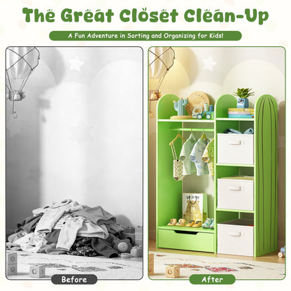 ASTUVIA Kids Clothing Rack with Drawers, Kids Dress Up Storage for Coats, Wood Closet with Fabric Drawers for Bedroom Playroom,Green