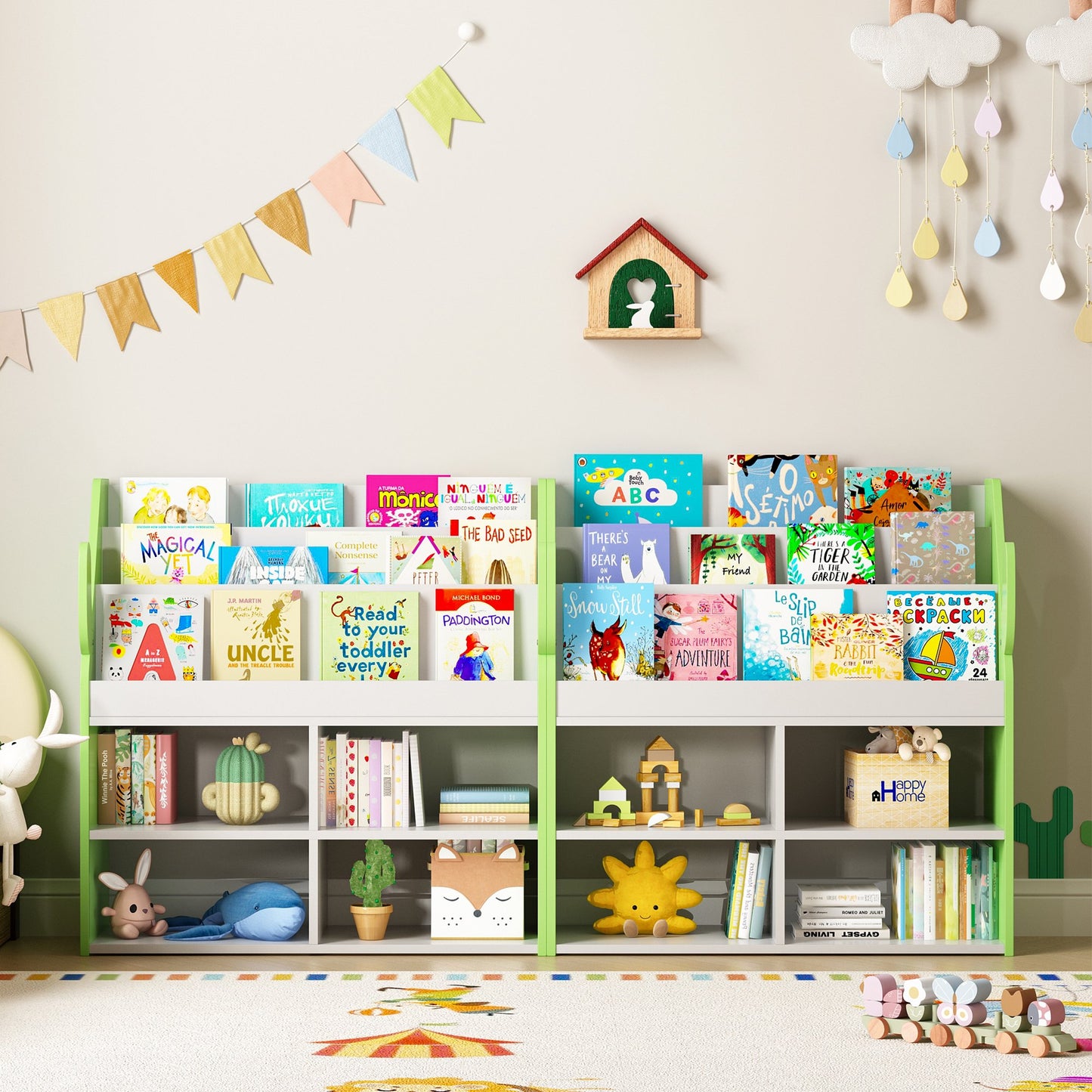 ASTUVIA 3 Tier Kids Bookshelf with Storage,Toy Storage Organizer with Cactus Appearance, Kids Bookcase and Bookshelf with 4 Storage, Green