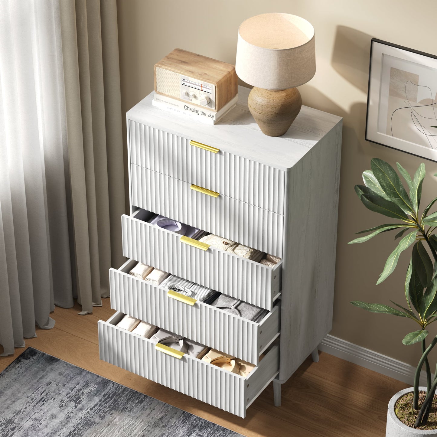 YouTrend 5 Drawer Dresser for Bedroom,Tall Dresser with Metal Handle,Fluted Dresser Modern Storage Cabinet for Home Office Living Room,White