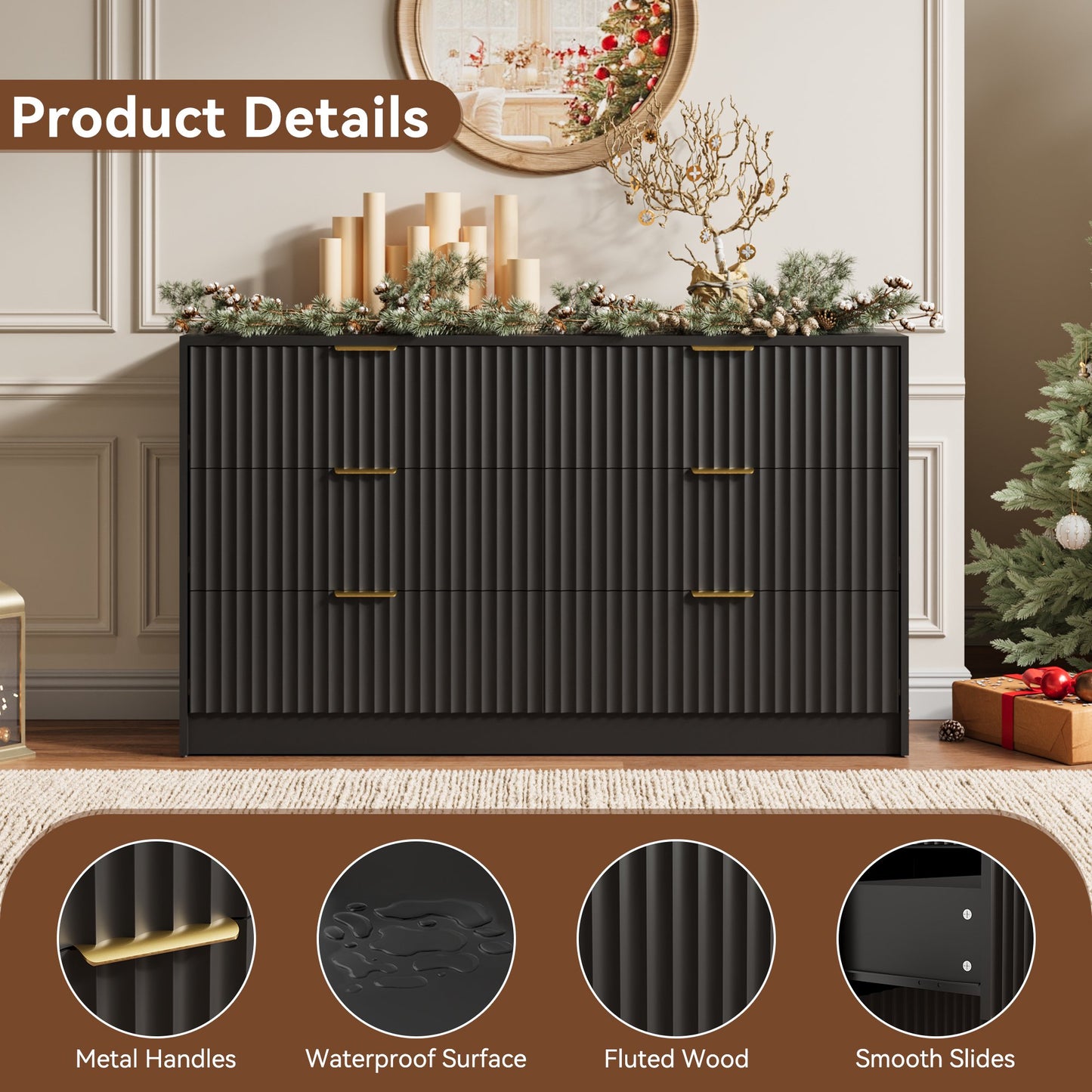 YouTrend 6 Drawer Dresser for Bedroom,55.1"Width Fluted Wood Chest of Drawer with Golden Embedded Handles for Living Room,Black