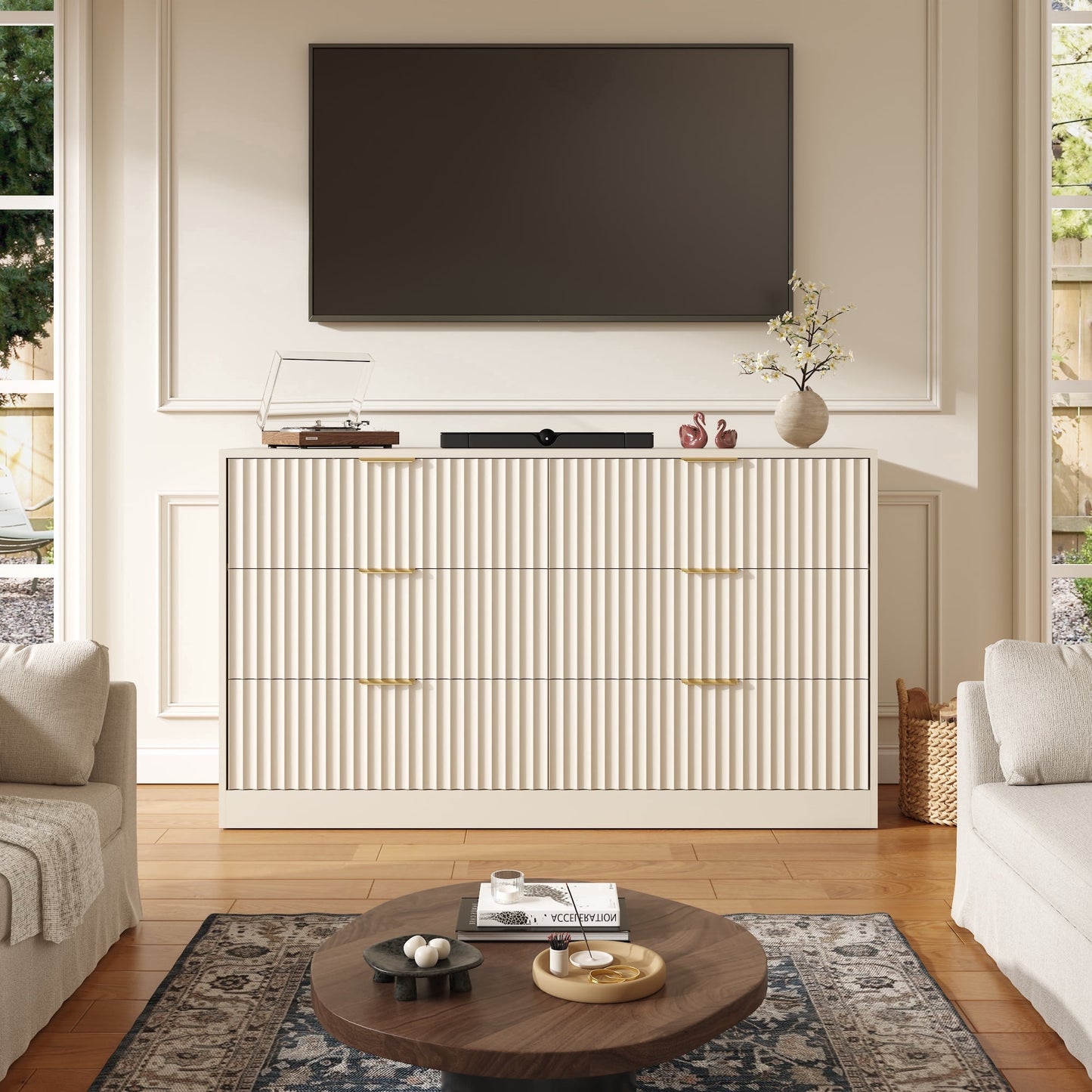 ASTUVIA 55.1" W Fluted 6 Drawer Dresser for Adult,Wooden Bedroom Dresser,Dresser TV Stand up to 65" for Living Room,Brown