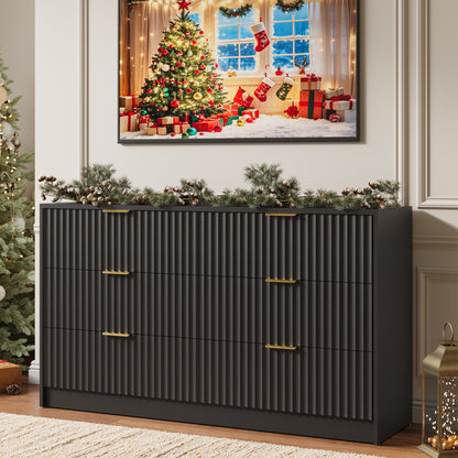YouTrend 6 Drawer Dresser for Bedroom,55.1"Width Fluted Wood Chest of Drawer with Golden Embedded Handles for Living Room,Black