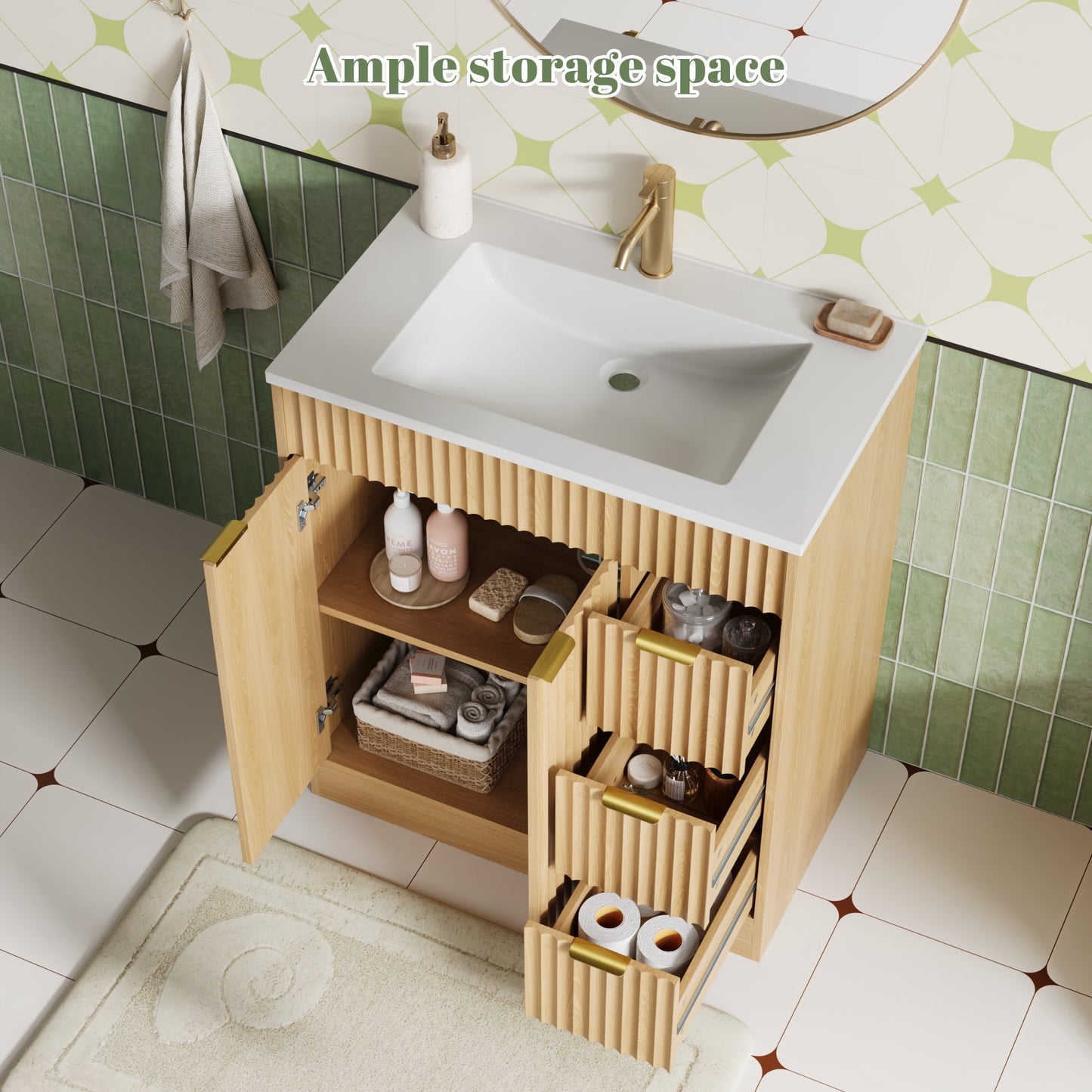 ASTUVIA 60" Fluted Bathroom Vanity Cabinet with 2 Drawers,Bathroom Vanity with Sink and 4 Soft-Close Doors,Floating Bathroom Sink Cabinet,Brown