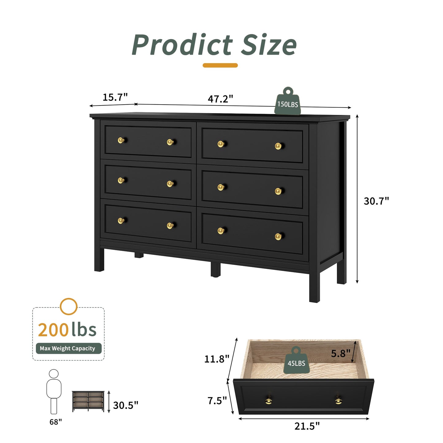 ASTUVIA White Dresser for Adult,6 Drawer Dresser for bedroom,Modern Wood Storage for Living Room