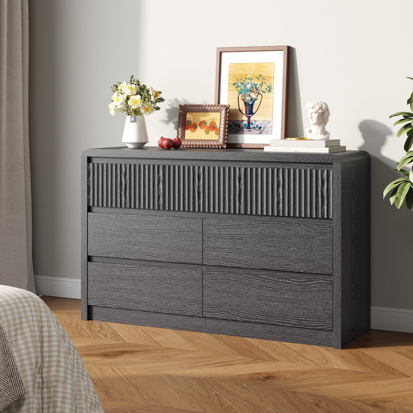 ASTUVIA 9 Fluted Drawers Dresser for Bedroom, 49.2" W Modern Chest of Drawers with Curved Profile Design, Mid Century Storage Dressers Organizer,Brown