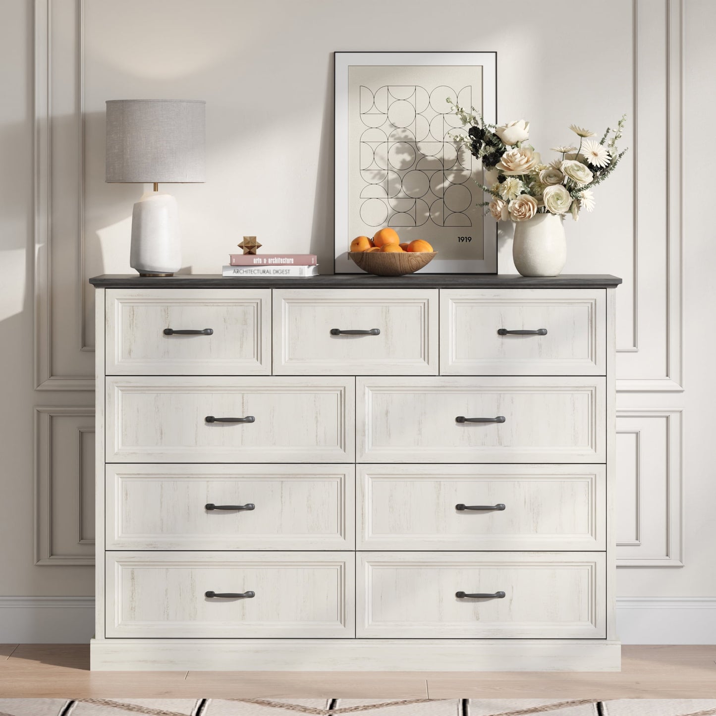 YouTrend Rustic 9-Drawer Wood Dresser, Large Storage Chest Organizer with Metal Handles for Bedroom, Living Room, Farmhouse Style Furniture,Gray