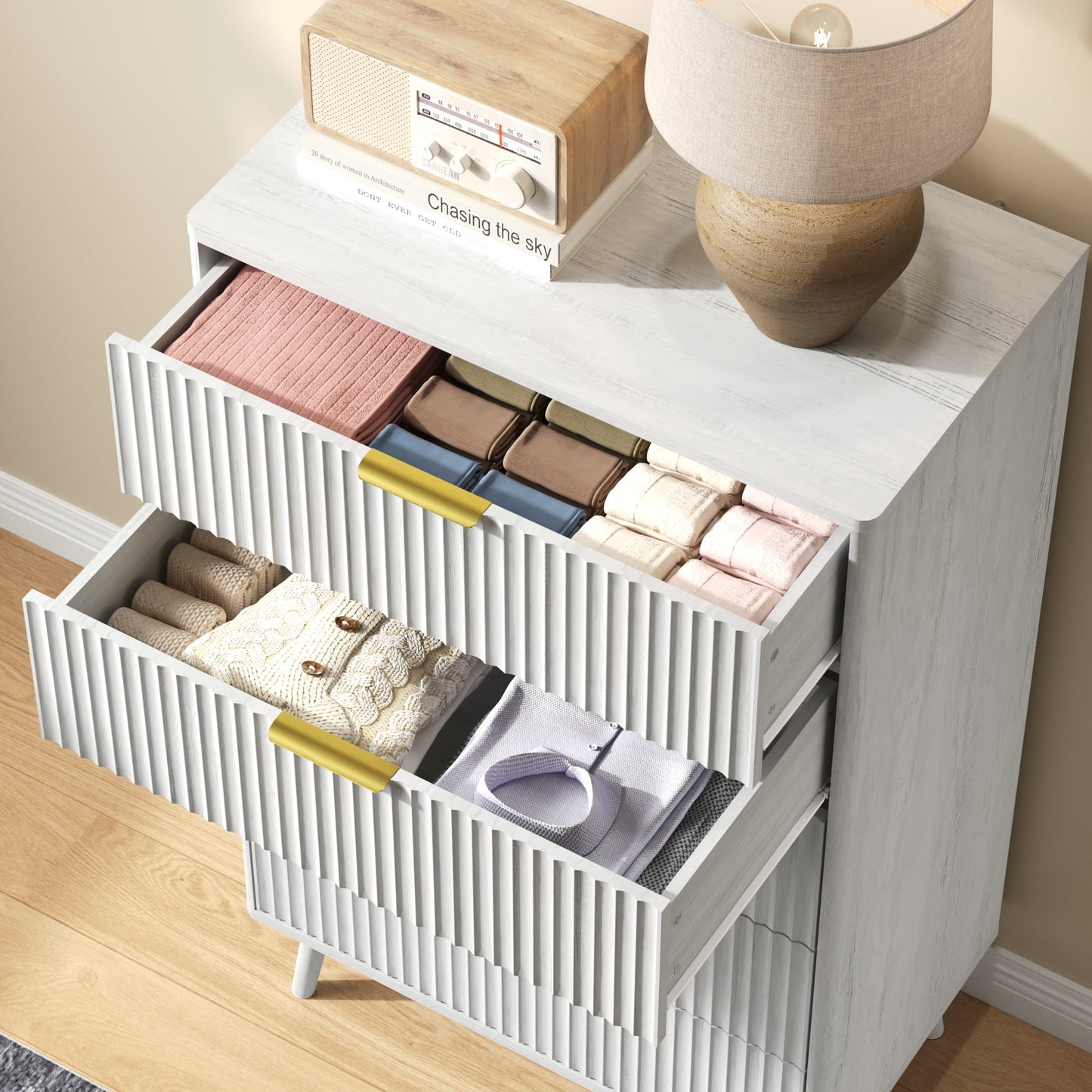 YouTrend 5 Drawer Dresser for Bedroom,Tall Dresser with Metal Handle,Fluted Dresser Modern Storage Cabinet for Home Office Living Room,White