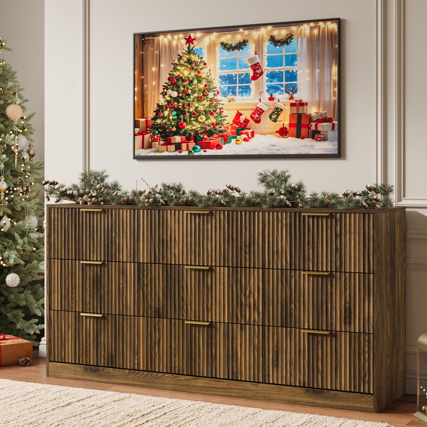 YouTrend White 9 Drawer Dresser for Bedroom,Modern Adult Fluted Wood Chest of Drawer with Golden Embedded Handles for Living Room,Hallway