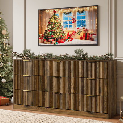 YouTrend White 9 Drawer Dresser for Bedroom,Modern Adult Fluted Wood Chest of Drawer with Golden Embedded Handles for Living Room,Hallway