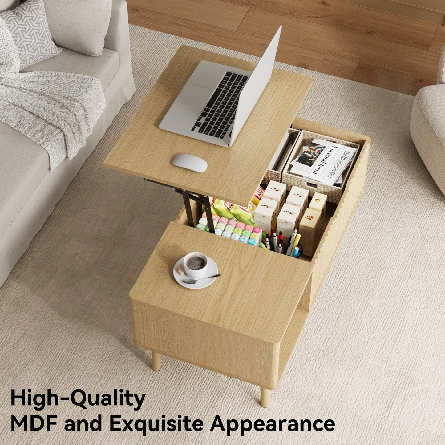 YouTrend Fluted Lift Top Coffee Table with Storage, 39.4" Width Rising Coffee Tables with Hidden Compartment, Wood Center Table for Living Room Office
