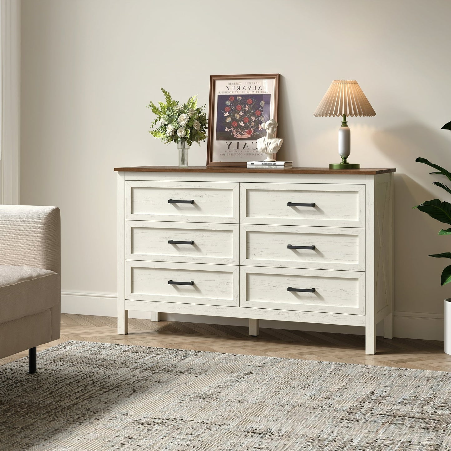 YouTrend 6 Drawer Farmhouse Dresser,Wood Adult Rustic Chest of Drawer with Metal Handles for Bedroom Living Room Hallway,Burlywood & White