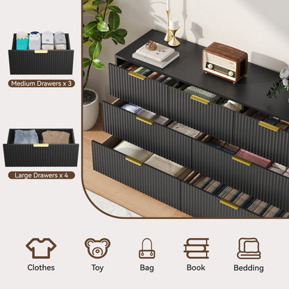 YouTrend 7 Drawer Dresser and Nightstand Sets for Bedroom,3 Piece Bedroom Dresser Set,Fluted Dressers and Nightstands, Modern Bedroom Set